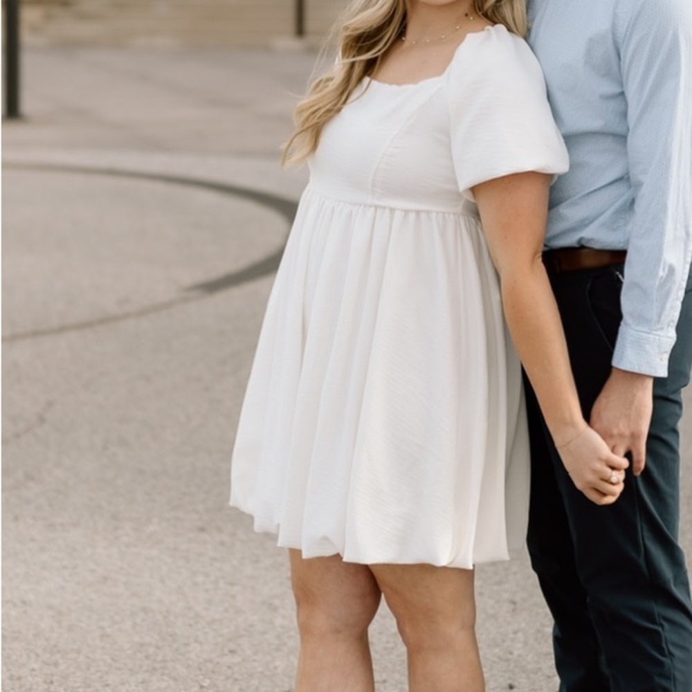 White Bubble Hem Puff Sleeve Dress